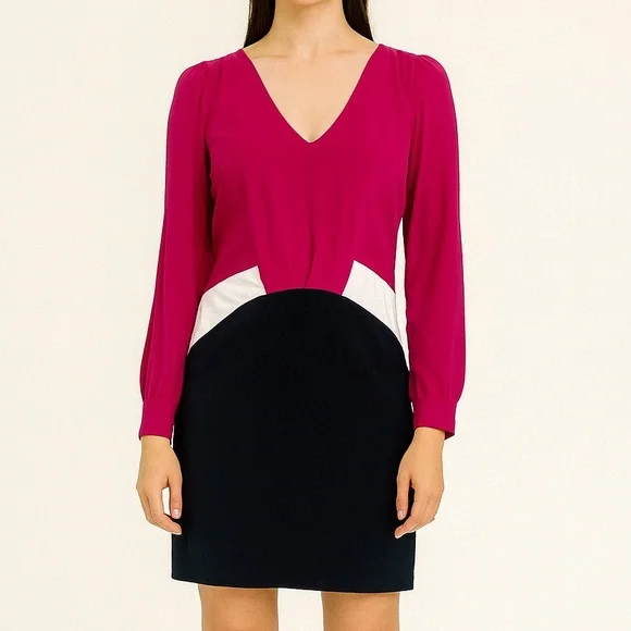 Gianni Bini Pink White Navy Colorblock V-Neck Long Sleeve Dress Size 9 - Picture 1 of 8